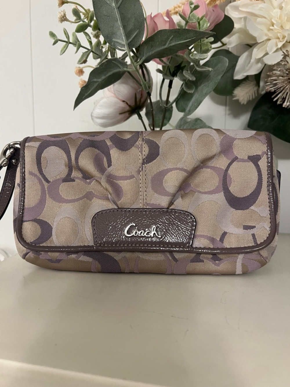 Coach Signature Canvas Wristlet in Taupe and Purple